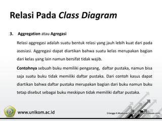 Relasi Pada Class Diagram
3. Aggregation atau Agregasi
Relasi aggregasi adalah suatu bentuk relasi yang jauh lebih kuat dari pada
asosiasi. Aggregasi dapat diartikan bahwa suatu kelas merupakan bagian
dari kelas yang lain namun bersifat tidak wajib.
Contohnya sebuah buku memiliki pengarang, daftar pustaka, namun bisa
saja suatu buku tidak memiliki daftar pustaka. Dari contoh kasus dapat
diartikan bahwa daftar pustaka merupakan bagian dari buku namun buku
tetap disebut sebagai buku meskipun tidak memiliki daftar pustaka.
 