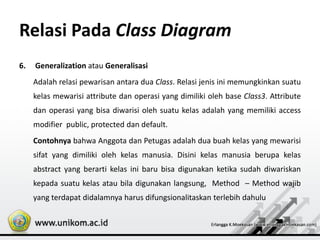 Relasi Pada Class Diagram
6. Generalization atau Generalisasi
Adalah relasi pewarisan antara dua Class. Relasi jenis ini memungkinkan suatu
kelas mewarisi attribute dan operasi yang dimiliki oleh base Class3. Attribute
dan operasi yang bisa diwarisi oleh suatu kelas adalah yang memiliki access
modifier public, protected dan default.
Contohnya bahwa Anggota dan Petugas adalah dua buah kelas yang mewarisi
sifat yang dimiliki oleh kelas manusia. Disini kelas manusia berupa kelas
abstract yang berarti kelas ini baru bisa digunakan ketika sudah diwariskan
kepada suatu kelas atau bila digunakan langsung, Method – Method wajib
yang terdapat didalamnya harus difungsionalitaskan terlebih dahulu
 