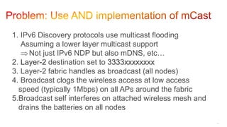 129
1. IPv6 Discovery protocols use multicast flooding
Assuming a lower layer multicast support
Not just IPv6 NDP but also mDNS, etc…
2. Layer-2 destination set to 3333XXXXXXXX
3. Layer-2 fabric handles as broadcast (all nodes)
4. Broadcast clogs the wireless access at low access
speed (typically 1Mbps) on all APs around the fabric
5.Broadcast self interferes on attached wireless mesh and
drains the batteries on all nodes
 