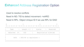 137
Used to resolve conflicts
Need In ND: TID to detect movement ->eARO
Need In RPL: Object Unique ID if we use RPL for DAD
0 1 2 3
0 1 2 3 4 5 6 7 8 9 0 1 2 3 4 5 6 7 8 9 0 1 2 3 4 5 6 7 8 9 0 1
+-+-+-+-+-+-+-+-+-+-+-+-+-+-+-+-+-+-+-+-+-+-+-+-+-+-+-+-+-+-+-+-+
| Type | Length = 2 | Status | Reserved |
+-+-+-+-+-+-+-+-+-+-+-+-+-+-+-+-+-+-+-+-+-+-+-+-+-+-+-+-+-+-+-+-+
| Reserved |T| TID | Registration Lifetime |
+-+-+-+-+-+-+-+-+-+-+-+-+-+-+-+-+-+-+-+-+-+-+-+-+-+-+-+-+-+-+-+-+
| |
+ OUID ( EUI-64 or equivalent ) +
| |
+-+-+-+-+-+-+-+-+-+-+-+-+-+-+-+-+-+-+-+-+-+-+-+-+-+-+-+-+-+-+-+-+
 