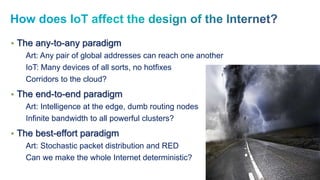 2
• The any-to-any paradigm
Art: Any pair of global addresses can reach one another
IoT: Many devices of all sorts, no hotfixes
Corridors to the cloud?
• The end-to-end paradigm
Art: Intelligence at the edge, dumb routing nodes
Infinite bandwidth to all powerful clusters?
• The best-effort paradigm
Art: Stochastic packet distribution and RED
Can we make the whole Internet deterministic?
 