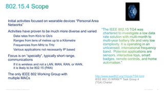 Cisco Confidential© 2012 Cisco and/or its affiliates. All rights reserved. 20
Initial activities focused on wearable devices “Personal Area
Networks”
Activities have proven to be much more diverse and varied
Data rates from Kb/s to Gb/s
Ranges from tens of metres up to a Kilometre
Frequencies from MHz to THz
Various applications not necessarily IP based
Focus is on “specialty”, typically short range,
communications
If it is wireless and not a LAN, MAN, RAN, or WAN,
it is likely to be 802.15 (PAN)
The only IEEE 802 Working Group with
multiple MACs
http://www.ieee802.org/15/pub/TG4.html
IEEE 802.15 WPAN™ Task Group 4
(TG4) Charter
 