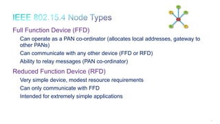 25
Full Function Device (FFD)
Can operate as a PAN co-ordinator (allocates local addresses, gateway to
other PANs)
Can communicate with any other device (FFD or RFD)
Ability to relay messages (PAN co-ordinator)
Reduced Function Device (RFD)
Very simple device, modest resource requirements
Can only communicate with FFD
Intended for extremely simple applications
P
R F
F
R
R
 