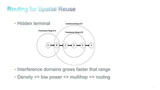 49
• Hidden terminal
• Interference domains grows faster that range
• Density => low power => multihop => routing
 