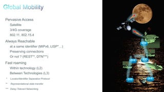 60
Pervasive Access
Satellite
3/4G coverage
802.11, 802.15.4
Always Reachable
at a same identifier (MIPv6, LISP*…)
Preserving connections
Or not ? (REST**, DTN***)
Fast roaming
Within technology (L2)
Between Technologies (L3)
* Locator/Identifier Separation Protocol
** Representational state transfer
*** Delay-Tolerant Networking
 