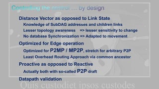 65
Distance Vector as opposed to Link State
Knowledge of SubDAG addresses and children links
Lesser topology awareness => lesser sensitivity to change
No database Synchronization => Adapted to movement
Optimized for Edge operation
Optimized for P2MP / MP2P, stretch for arbitrary P2P
Least Overhead Routing Approach via common ancestor
Proactive as opposed to Reactive
Actually both with so-called P2P draft
Datapath validation
 