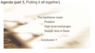 9
Agenda (part 3, Putting it all together)
The backbone router
Problem
High level exchanges
Deeper dive in flows
… Conclusion ?
 