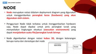 • Node merupakan notasi didalam deployment diagram yang digunakan
untuk menggambarkan perangkat keras (hardware) yang akan
digunakan oleh sistem.
• Penggunaan Node tidak terbatas untuk menggambarkan hardware
saja, Node dapat dipakai untuk jenis perangkat lunak yang
menyediakan lingkungan eksekusi (execution environment) yang
dapat menjalankan suatu file/perangkat lunak lainnya
• Node digambarkan dengan notasi kubus 3D, dengan keterangan
berupa nama dan stereotype dari node
 