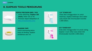 KERTAS PRECISION GRID / HVS
• Untuk sketching. Siapkan 100
sheets, letter size or A4.
• Precision dapat didapatkan di
http://sneakpeekit.com/
MASKING TAPE
Untuk memasang sketsa
solusi di dinding. Siapkan
setidaknya satu rol.
1/4 "STIKER DOT
Anda akan menggunakan ini untuk
heatmap. Siapkan beberapa ratus stiker
(satu kotak titik ChromaLabel memiliki
1.000 stiker).
3/4 "STIKER DOT
Anda akan menggunakan ini untuk voting.
Siapkan 1 lusin stiker (satu kotak titik
ChromaLabel memiliki 1.000 stiker)
 