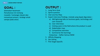 Selaraskan kesamaan
Pemahaman tim tentang
masalah / tantangan desain dan
menyetujui proses / strategi untuk
sampai pada solusi.
1. Long Term Goal
2. Sprint question
3. User journey Map
4. Expert Interview Findings, metode yang dapat digunakan :
a) 360 lightning talks on business goals, technology and
user research
b) User interviews
c) Visiting users in the field where the product is used
d) Stakeholder map
e) Competitive overview
f) Summarize the learnings
Outputnya : Daftar Semua HMW
5. Affinity Mapping
6. Zen Voting
7. Pick Target Specific
 