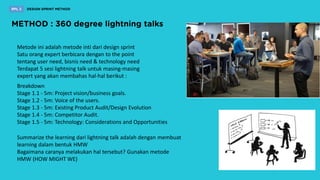 Summarize the learning dari lightning talk adalah dengan membuat
learning dalam bentuk HMW
Bagaimana caranya melakukan hal tersebut? Gunakan metode
HMW (HOW MIGHT WE)
Breakdown
Stage 1.1 - 5m: Project vision/business goals.
Stage 1.2 - 5m: Voice of the users.
Stage 1.3 - 5m: Existing Product Audit/Design Evolution
Stage 1.4 - 5m: Competitor Audit.
Stage 1.5 - 5m: Technology: Considerations and Opportunities
Metode ini adalah metode inti dari design sprint
Satu orang expert berbicara dengan to the point
tentang user need, bisnis need & technology need
Terdapat 5 sesi lightning talk untuk masing-masing
expert yang akan membahas hal-hal berikut :
 