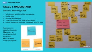 Menulis “How Might We”
• Tulis dengan spidol tebal berwarna gelap.
• Singkat saja.
• Satu ide perstickynote
• Tidak terlalu luas, dan tidak terlalu sempit.
• Sambil melakukan interview, tulis HMW di sticky note
How: assumes
opportunities exist.
Might: says we
don’t have to find
something
We: is all about
doing this together
 