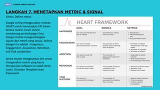 Google sering menggunakan metode
HEART untuk menetapkan KPI dalam
bentuk metric. Heart metric
mendorong pertimbangan lima
kategori ketika mengembangkan
tujuan dan metrik yang sesuai. Kelima
kategori ini adalah : Happiness,
Engagement, Acquisition, Retention,
and Task completion.
Sprint master mengarahkan tim untuk
menganalisis metric yang harus
tercapai jika software ini sudah dirilis
nantii. Gunakan Template heart
framework
10min. Define metric
 