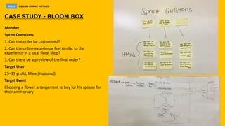 Monday
Sprint Questions
1. Can the order be customized?
2. Can the online experience feel similar to the
experience in a local floral shop?
3. Can there be a preview of the final order?
Target User
25–35 yr old, Male (Husband)
Target Event
Choosing a flower arrangement to buy for his spouse for
their anniversary
 