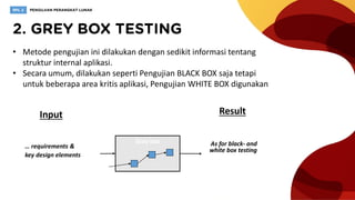 • Metode pengujian ini dilakukan dengan sedikit informasi tentang
struktur internal aplikasi.
• Secara umum, dilakukan seperti Pengujian BLACK BOX saja tetapi
untuk beberapa area kritis aplikasi, Pengujian WHITE BOX digunakan
Gray box
… requirements &
key design elements
Input Result
As for black- and
white box testing
 