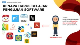 SOFTWARE TESTER
Tujuan :
untuk mengetahui apakah
masih banyak kesalahan
atau kerusakan (bug)
dalam aplikasi tersebut.
 