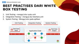 1. Unit Testing – menguji alur suatu unit
2. Integration Testing – menguji alur diantara unit
3. System Testing - Menguji alur pada aplikasi
 