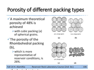 Porosity of different packing types
A maximum theoretical
porosity of 48% is
achieved
with cubic packing (a)
of spherical grains.
The porosity of the
Rhombohedral packing
(b),
which is more
representative of
reservoir conditions, is
26%.
If a second, smaller sizeFall 14 H. AlamiNia Reservoir Rock Laboratory Course (2nd Ed.) 106
 