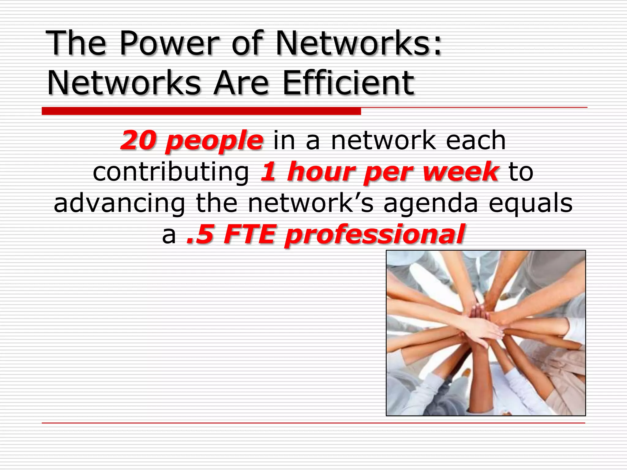 The Power of Networks:
Networks Are Efficient
    20 people in a network each
  contributing 1 hour per week to
advancing the network’s agenda equals
       a .5 FTE professional
 