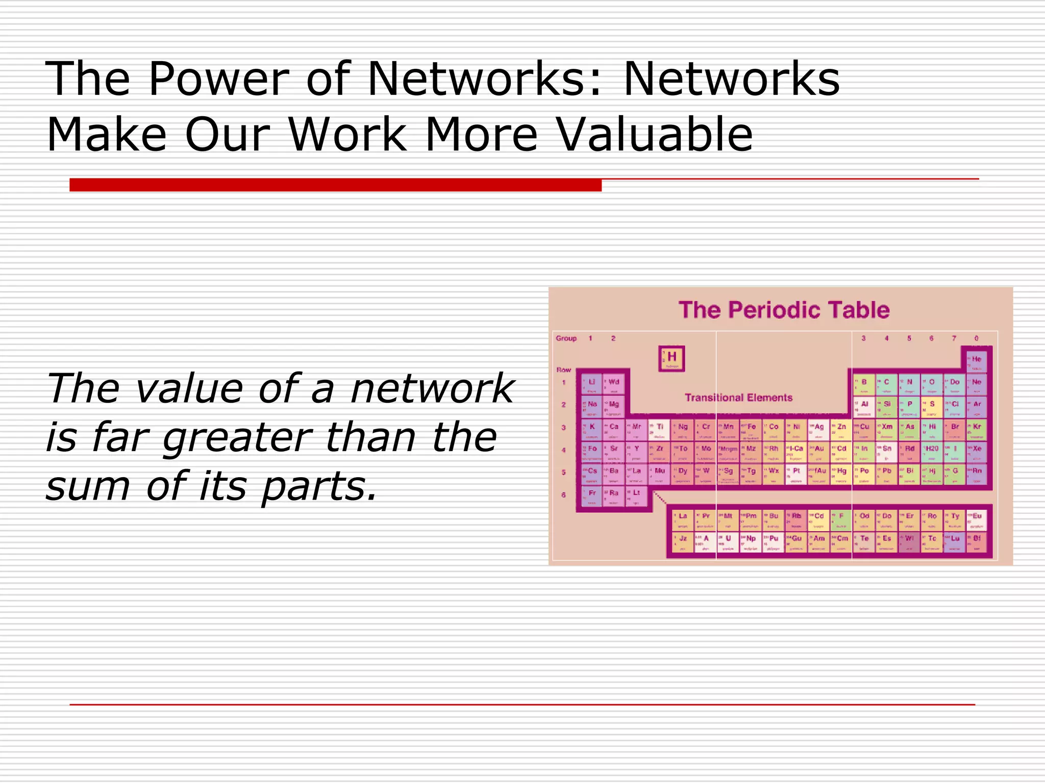 The Power of Networks: Networks
Make Our Work More Valuable




The value of a network
is far greater than the
sum of its parts.
 