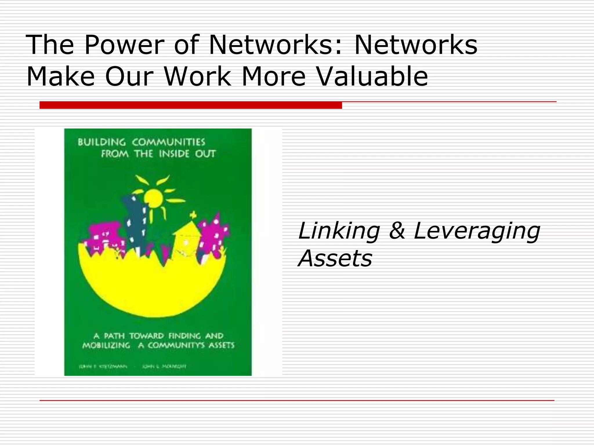 The Power of Networks: Networks
Make Our Work More Valuable




                  Linking & Leveraging
                  Assets
 