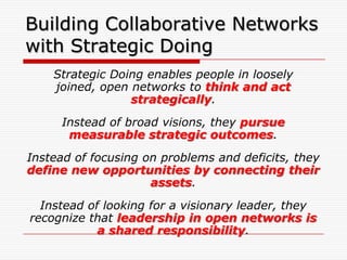 Building Collaborative Networks
with Strategic Doing
    Strategic Doing enables people in loosely
    joined, open networks to think and act
                 strategically.
     Instead of broad visions, they pursue
      measurable strategic outcomes.
Instead of focusing on problems and deficits, they
define new opportunities by connecting their
                     assets.
  Instead of looking for a visionary leader, they
recognize that leadership in open networks is
            a shared responsibility.
 