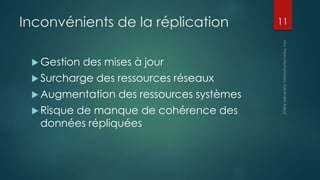 Inconvénients de la réplication
 Gestion des mises à jour
 Surcharge des ressources réseaux
 Augmentation des ressources systèmes
 Risque de manque de cohérence des
données répliquées
11
 