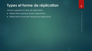 Types et forme de réplication
Oracle supporte 2 types de réplication:
 Réplication basique (basic replication)
 Réplication avancée (Advanced replicaion)
6
 