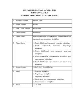 RENCANA PELAKSANAAN LAYANAN (RPL)
BIMBINGAN KLASIKAL
SEMESTER GANJIL TAHUN PELAJARAN 2020/2021
A Komponen Layanan Layanan Dasar
B Bidang Layanan Pribadi
C Topik / Tema Layanan Kedisiplinan
D Fungsi Layanan Pemahaman
E Tujuan Umum Peserta didik/konseli dapat mengetahui perilaku disiplin dan
memahami cara menanamkan kedisiplinan
F Tujuan Khusus 1. Peserta didik/konseli memahami pengertian kedisiplinan
2. Peserta didik/konseli memahami fungsi-fungsi
kedisiplinan
3. Peserta didik/konseli dapat memahami unsur-unsur
kedisiplinan
4. Peserta didik/konseli dapat memahami faktor-faktor yang
mempengaruhi kedisiplinan
5. Peserta didik/konseli dapat memahami cara menanamkan
kedisiplinan
G Sasaran Layanan Kelas X SMA Negeri 1 Brebes
H Materi 1. Pengertian kedisiplinan
2. Fungsi-fungsi kedisiplinan
3. Unsur-unsur kedisiplinan
4. Faktor-faktor yang mempengaruhi kedisiplinan
5. Cara menanamkan kedisiplinan
I Waktu 2 x 45 Menit
 