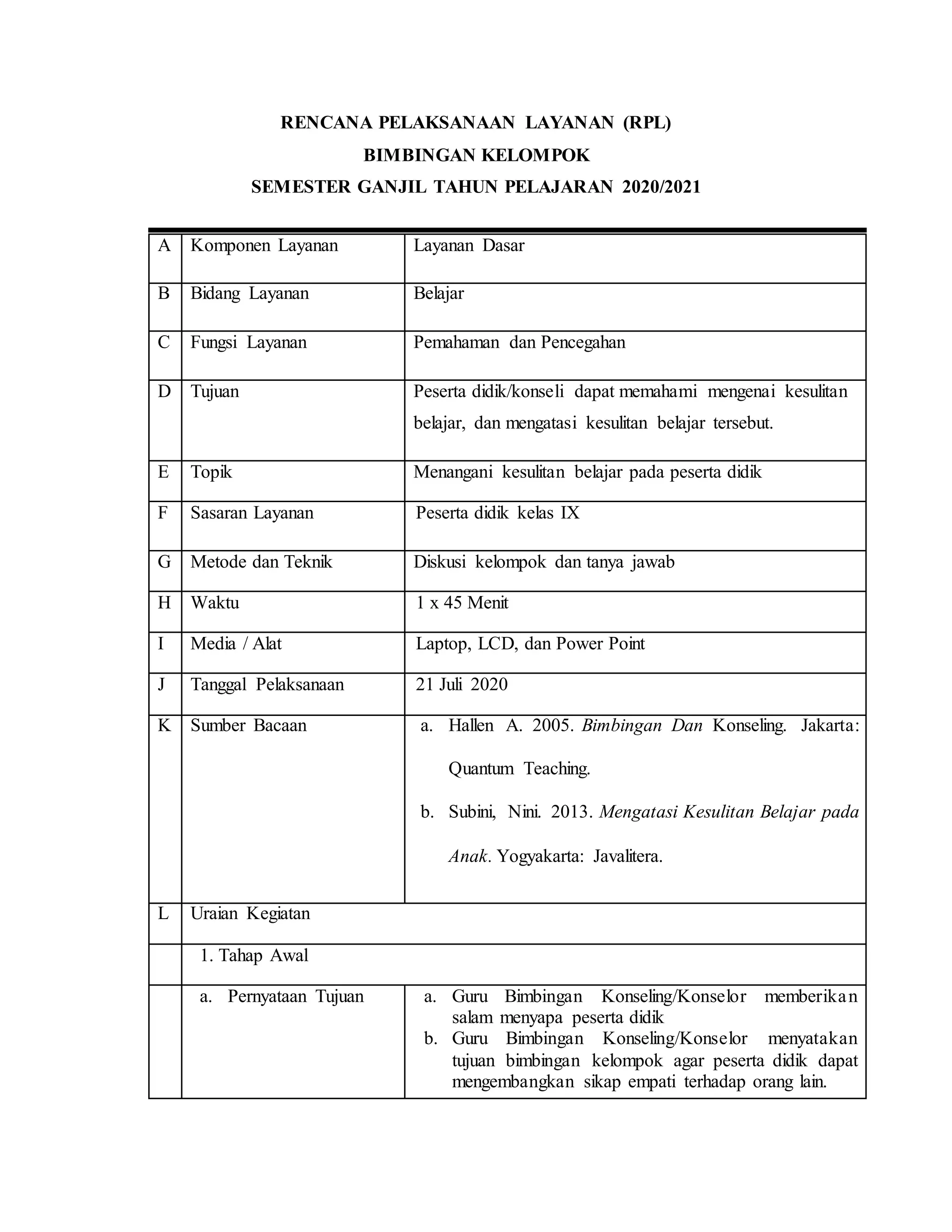 RPL BK Kesulitan Belajar Siswa | DOCX