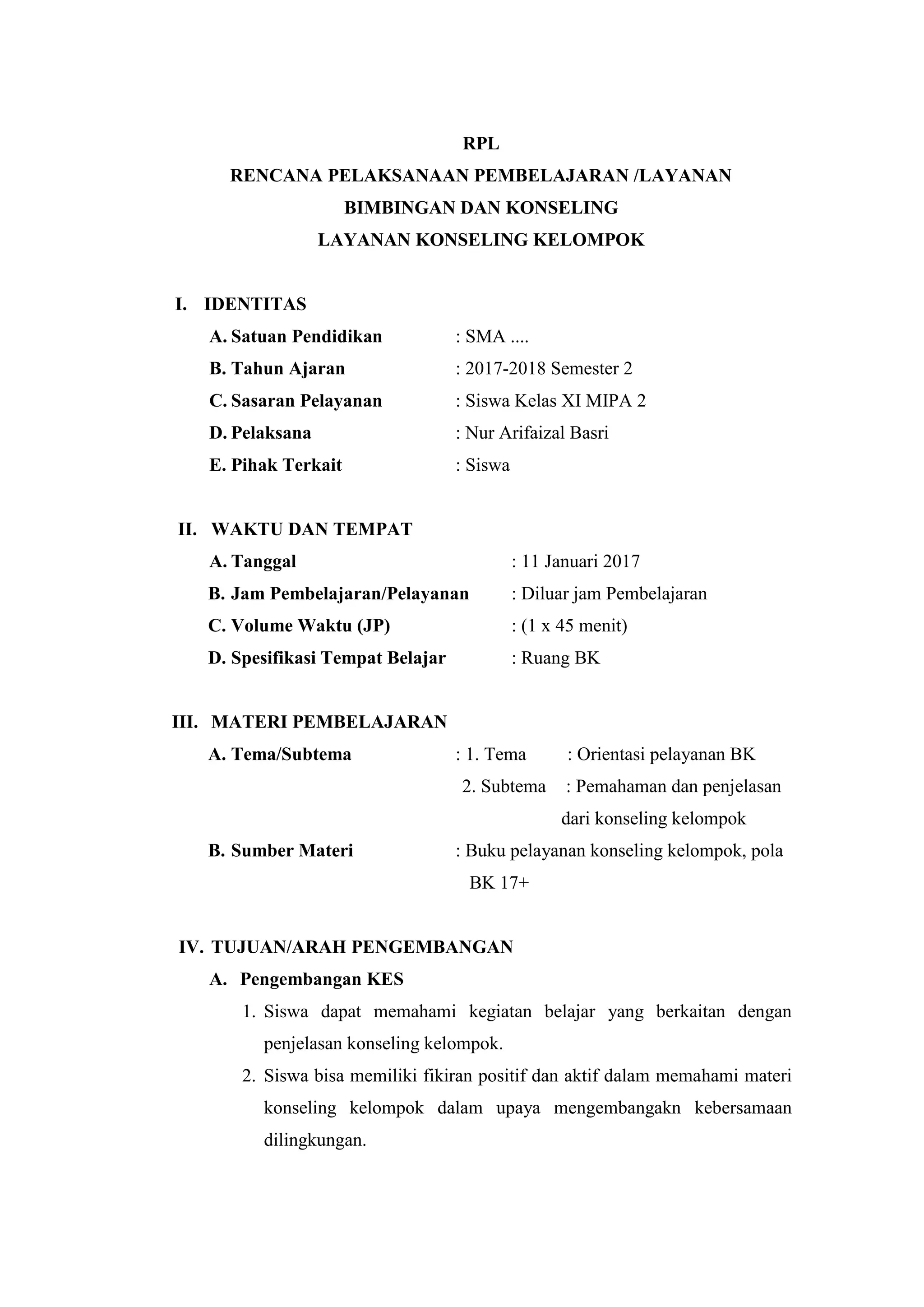 CONTOH RPL K13 KONSELING KELOMPOK | PDF