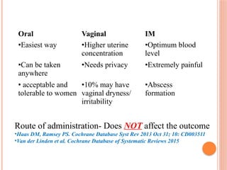 Oral Vaginal IM
•Easiest way •Higher uterine
concentration
•Optimum blood
level
•Can be taken
anywhere
•Needs privacy •Extremely painful
• acceptable and
tolerable to women
•10% may have
vaginal dryness/
irritability
•Abscess
formation
Route of administration- Does NOT affect the outcome
•Haas DM, Ramsey PS. Cochrane Database Syst Rev 2013 Oct 31; 10: CD003511
•Van der Linden et al. Cochrane Database of Systematic Reviews 2015
 
