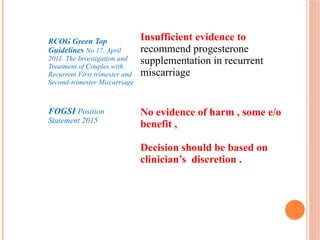 RCOG Green Top
Guidelines No 17. April
2011. The Investigation and
Treatment of Couples with
Recurrent First trimester and
Second-trimester Miscarriage
Insufficient evidence to
recommend progesterone
supplementation in recurrent
miscarriage
FOGSI Position
Statement 2015
No evidence of harm , some e/o
benefit ,
Decision should be based on
clinician’s discretion .
 