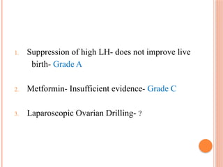1. Suppression of high LH- does not improve live
birth- Grade A
2. Metformin- Insufficient evidence- Grade C
3. Laparoscopic Ovarian Drilling- ?
 