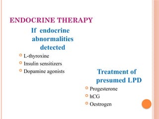ENDOCRINE THERAPY
If endocrine
abnormalities
detected
 L-thyroxine
 Insulin sensitizers
 Dopamine agonists Treatment of
presumed LPD
 Progesterone
 hCG
 Oestrogen
 