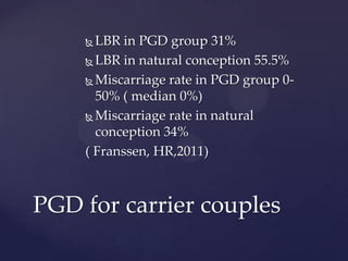  LBR in PGD group 31%
 LBR in natural conception 55.5%
 Miscarriage rate in PGD group 0-
50% ( median 0%)
 Miscarriage rate in natural
conception 34%
( Franssen, HR,2011)
PGD for carrier couples
 