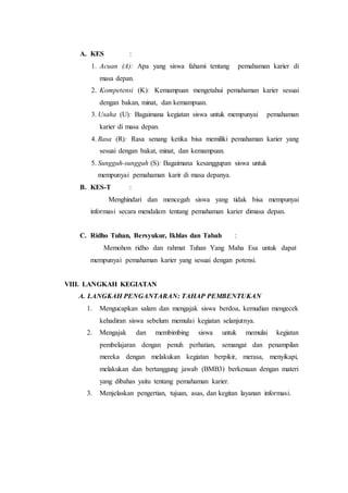 A. KES :
1. Acuan (A): Apa yang siswa fahami tentang pemahaman karier di
masa depan.
2. Kompetensi (K): Kemampuan mengetahui pemahaman karier sesuai
dengan bakan, minat, dan kemampuan.
3. Usaha (U): Bagaimana kegiatan siswa untuk mempunyai pemahaman
karier di masa depan.
4. Rasa (R): Rasa senang ketika bisa memiliki pemahaman karier yang
sesuai dengan bakat, minat, dan kemampuan.
5. Sungguh-sungguh (S): Bagaimana kesanggupan siswa untuk
mempunyai pemahaman karir di masa depanya.
B. KES-T :
Menghindari dan mencegah siswa yang tidak bisa mempunyai
informasi secara mendalam tentang pemahaman karier dimasa depan.
C. Ridho Tuhan, Bersyukur, Ikhlas dan Tabah :
Memohon ridho dan rahmat Tuhan Yang Maha Esa untuk dapat
mempunyai pemahaman karier yang sesuai dengan potensi.
VIII. LANGKAH KEGIATAN
A. LANGKAH PENGANTARAN: TAHAP PEMBENTUKAN
1. Mengucapkan salam dan mengajak siswa berdoa, kemudian mengecek
kehadiran siswa sebelum memulai kegiatan selanjutnya.
2. Mengajak dan membimbing siswa untuk memulai kegiatan
pembelajaran dengan penuh perhatian, semangat dan penampilan
mereka dengan melakukan kegiatan berpikir, merasa, menyikapi,
melakukan dan bertanggung jawab (BMB3) berkenaan dengan materi
yang dibahas yaitu tentang pemahaman karier.
3. Menjelaskan pengertian, tujuan, asas, dan kegitan layanan informasi.
 