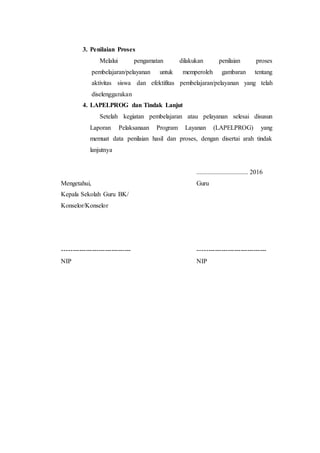 3. Penilaian Proses
Melalui pengamatan dilakukan penilaian proses
pembelajaran/pelayanan untuk memperoleh gambaran tentang
aktivitas siswa dan efektifitas pembelajaran/pelayanan yang telah
diselenggarakan
4. LAPELPROG dan Tindak Lanjut
Setelah kegiatan pembelajaran atau pelayanan selesai disusun
Laporan Pelaksanaan Program Layanan (LAPELPROG) yang
memuat data penilaian hasil dan proses, dengan disertai arah tindak
lanjutnya
................................ 2016
Mengetahui, Guru
Kepala Sekolah Guru BK/
Konselor/Konselor
-------------------------------- --------------------------------
NIP NIP
 