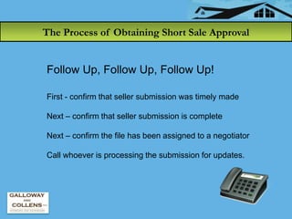The Process of Obtaining Short Sale Approval


Follow Up, Follow Up, Follow Up!

First - confirm that seller submission wa...