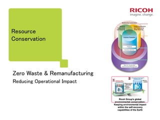 Resource
Conservation
Zero Waste & Remanufacturing
Reducing Operational Impact
Ricoh Group's global
environmental conservation:
Keeping environmental impact
within the self-recovery
capabilities of the Earth
1
2
 