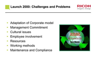  Adaptation of Corporate model
 Management Commitment
 Cultural issues
 Employee involvement
 Resources
 Working methods
 Maintenance and Compliance
Launch 2000: Challenges and Problems
 