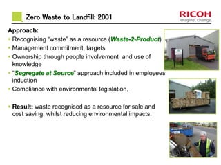 Zero Waste to Landfill: 2001
Approach:
 Recognising “waste” as a resource (Waste-2-Product)
 Management commitment, targets
 Ownership through people involvement and use of
knowledge
 “Segregate at Source” approach included in employees
induction
 Compliance with environmental legislation,
 Result: waste recognised as a resource for sale and
cost saving, whilst reducing environmental impacts.
 