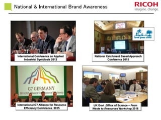 National & International Brand Awareness
International Conference on Applied
Industrial Symbiosis 2012
National Catchment Based Approach
Conference 2015
International G7 Alliance for Resource
Efficiency Conference 2015
UK Govt .Office of Science – From
Waste to Resources Workshop 2016
 