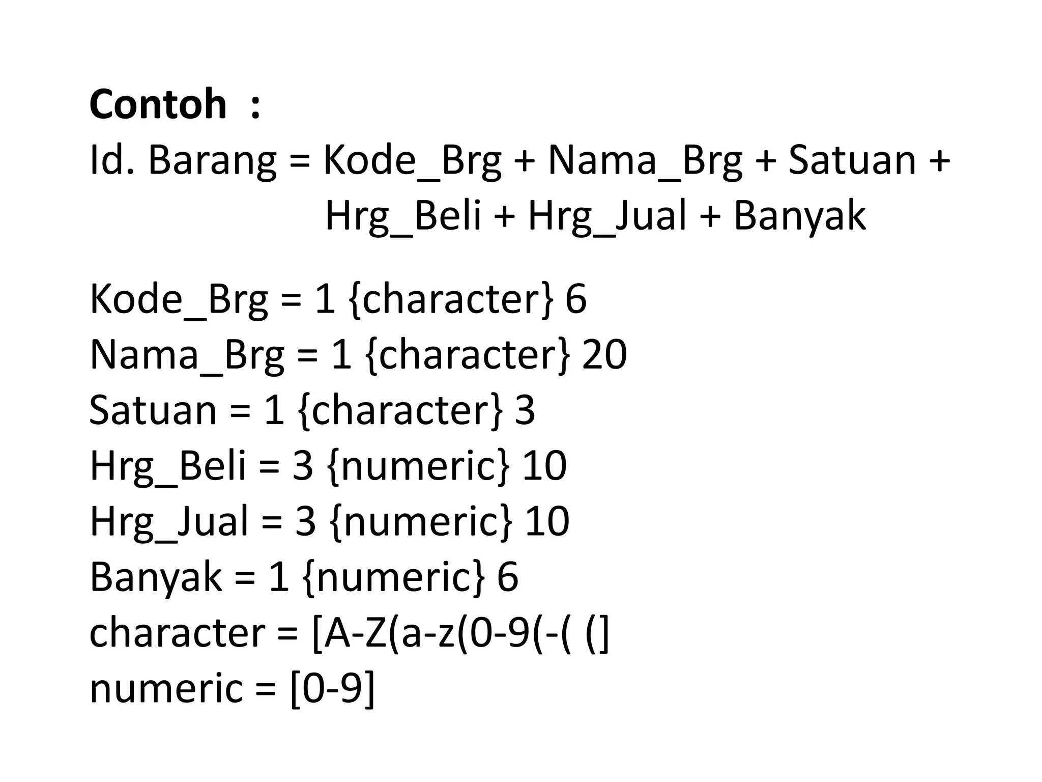 Contoh :
Id. Barang = Kode_Brg + Nama_Brg + Satuan +
Hrg_Beli + Hrg_Jual + Banyak
Kode_Brg = 1 {character} 6
Nama_Brg = 1 {character} 20
Satuan = 1 {character} 3
Hrg_Beli = 3 {numeric} 10
Hrg_Jual = 3 {numeric} 10
Banyak = 1 {numeric} 6
character = [A-Z(a-z(0-9(-( (]
numeric = [0-9]

 