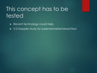 This concept has to be 
tested 
 Recent technology could help 
 3 D Doppler study for subendometrial blood flow 
 