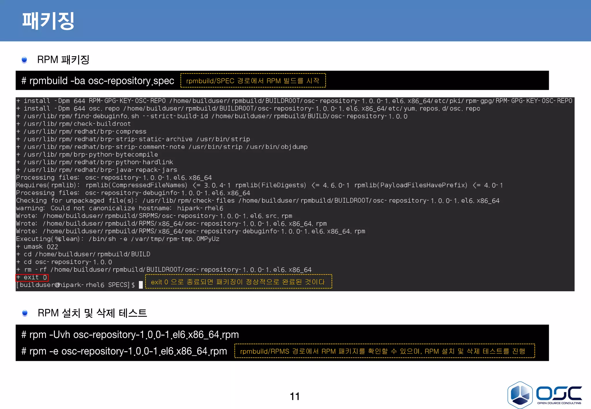 11
패키징
# rpmbuild -ba osc-repository.spec rpmbuild/SPEC 경로에서 RPM 빌드를 시작
exit 0 으로 종료되면 패키징이 정상적으로 완료된 것이다
# rpm -Uvh osc-repository-1.0.0-1.el6.x86_64.rpm
# rpm -e osc-repository-1.0.0-1.el6.x86_64.rpm rpmbuild/RPMS 경로에서 RPM 패키지를 확인할 수 있으며, RPM 설치 및 삭제 테스트를 진행
RPM 설치 및 삭제 테스트
RPM 패키징
 