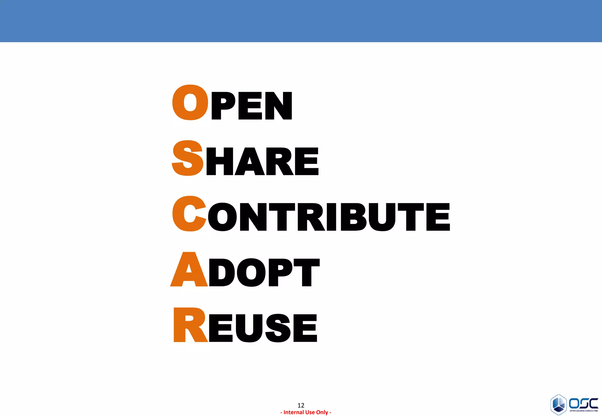 12
- Internal Use Only -
OPEN
SHARE
CONTRIBUTE
ADOPT
REUSE
 