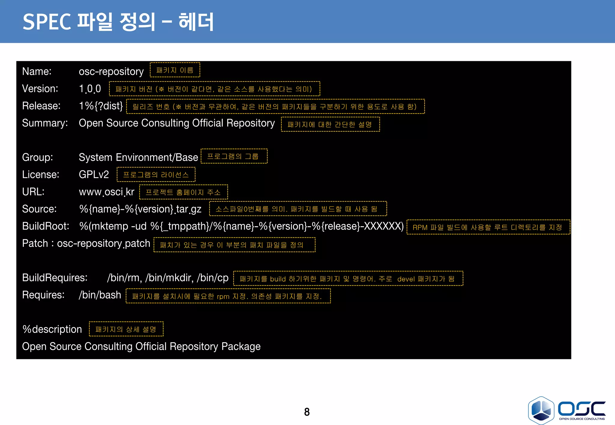 8
SPEC 파일 정의 - 헤더
Name: osc-repository
Version: 1.0.0
Release: 1%{?dist}
Summary: Open Source Consulting Official Repository
Group: System Environment/Base
License: GPLv2
URL: www.osci.kr
Source: %{name}-%{version}.tar.gz
BuildRoot: %(mktemp -ud %{_tmppath}/%{name}-%{version}-%{release}-XXXXXX)
Patch : osc-repository.patch
BuildRequires: /bin/rm, /bin/mkdir, /bin/cp
Requires: /bin/bash
%description
Open Source Consulting Official Repository Package
패키지 이름
패키지 버전 (※ 버전이 같다면, 같은 소스를 사용했다는 의미)
릴리즈 번호 (※ 버전과 무관하여, 같은 버전의 패키지들을 구분하기 위한 용도로 사용 함)
패키지에 대한 간단한 설명
프로그램의 그룹
프로그램의 라이선스
프로젝트 홈페이지 주소
소스파일0번째를 의미. 패키지를 빌드할 때 사용 됨
RPM 파일 빌드에 사용할 루트 디렉토리를 지정
패치가 있는 경우 이 부분의 패치 파일을 정의
패키지를 build 하기위한 패키지 및 명령어. 주로 devel 패키지가 됨
패키지를 설치시에 필요한 rpm 지정. 의존성 패키지를 지정.
패키지의 상세 설명
 