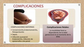COMPLICACIONES
COMPLICACIONES MATERNAS
• Coriamnionitis,Endomiometritis,
Pelviperitonitis
• Sepsis
• Infección puerperal:
...
