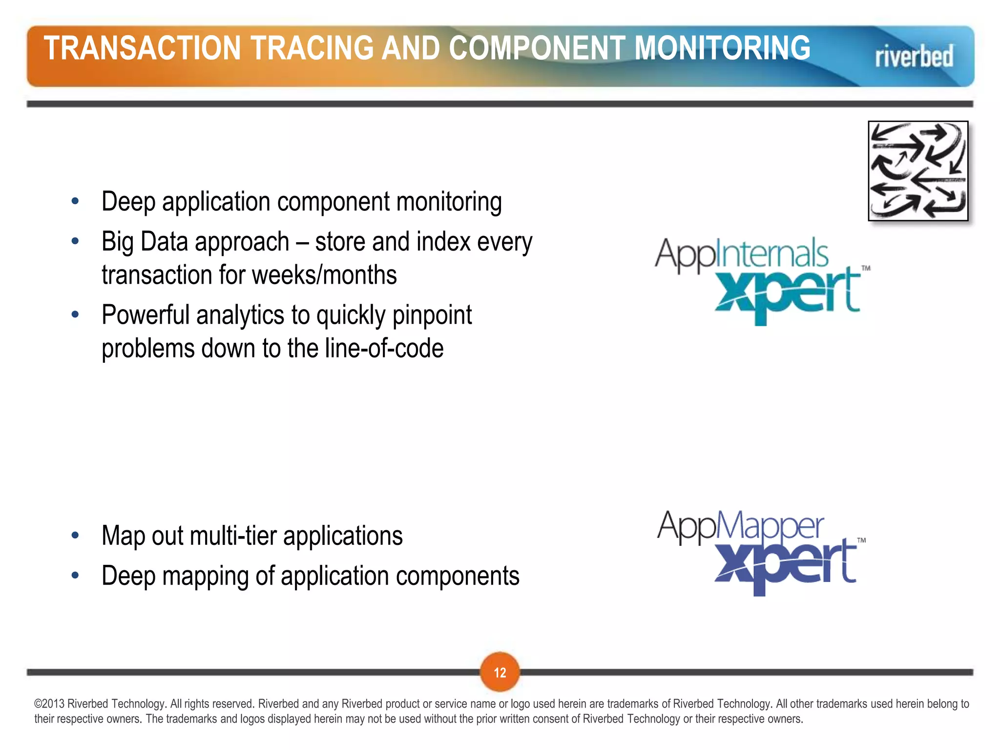 TRANSACTION TRACING AND COMPONENT MONITORING



       • Deep application component monitoring
       • Big Data approach – store and index every
         transaction for weeks/months
       • Powerful analytics to quickly pinpoint
         problems down to the line-of-code




       • Map out multi-tier applications
       • Deep mapping of application components


                                                                                                 12

©2013 Riverbed Technology. All rights reserved. Riverbed and any Riverbed product or service name or logo used herein are trademarks of Riverbed Technology. All other trademarks used herein belong to
their respective owners. The trademarks and logos displayed herein may not be used without the prior written consent of Riverbed Technology or their respective owners.
 